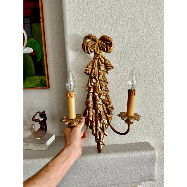 Pair Italian Neo Classic Carved Ribbon Draped Wall Sconces For Sale - Image 11 of 12
