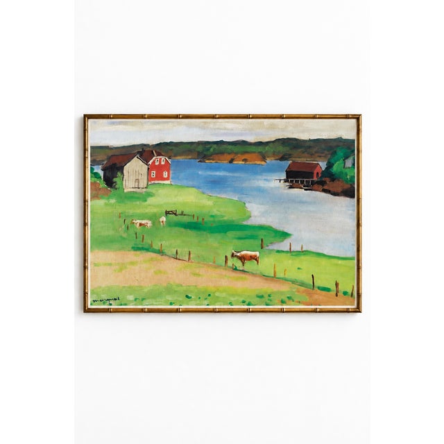 This vintage countryside art print by Albert Marquet depicts grazing cows in a lush green pasture beside tranquil blue...