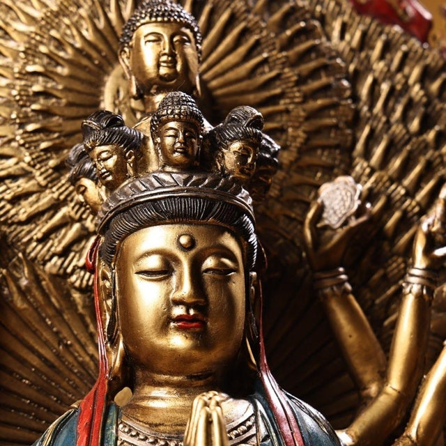 Metal Monumental Vintage Gilt Bronze Thousand-Hand Guanyin Figure – 60cm Painted Statue For Sale - Image 7 of 10