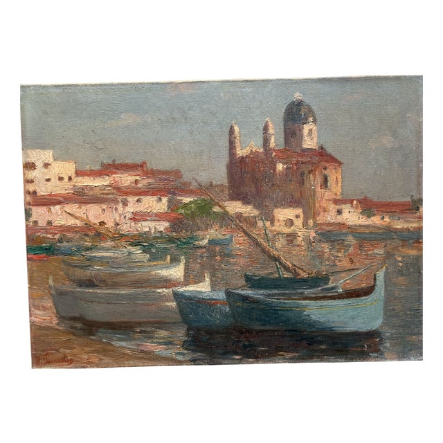 Joseph Perrachon, Boats, View of Port, 20th Century, Painting For Sale