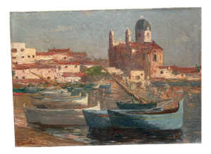 Joseph Perrachon, Boats, View of Port, 20th Century, Painting