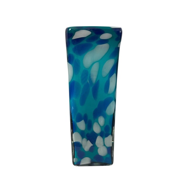 This vintage Murano handblown rectangle blue vase is a unique piece of art glass featuring a splash pattern in a donut...
