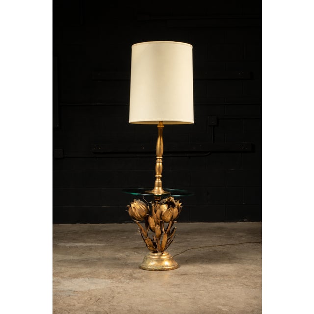 Ornate 1950s gilded lotus flower floor lamp stand with attached tempered glass table.