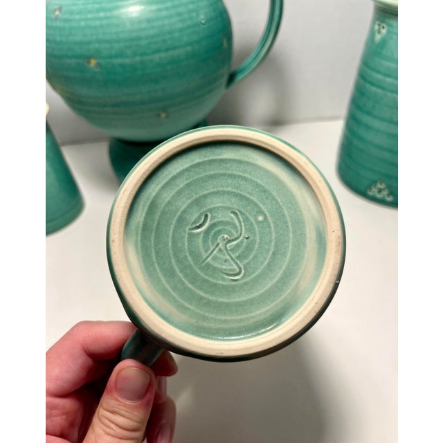 Vintage Studio Art Pottery Tea Set: Teapot Warmer Mugs Lidded Jar Artist Signed- 10 Pieces For Sale - Image 9 of 11