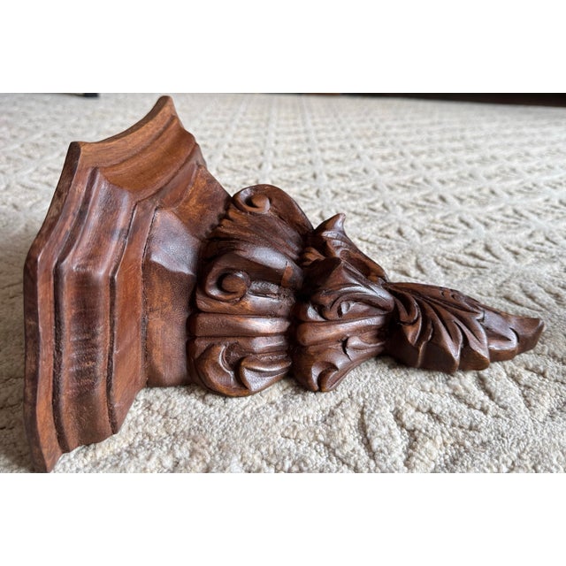 1990s Vintage Carved Wood Corbel Shelf Brackets Pair Acanthus Scroll Architectural Wall For Sale - Image 5 of 8
