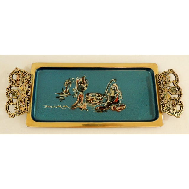 Vintage Solid Brass & Blue Enamel Hand Painted Figural Israel Judaica Serving Tray W/ Handles For Sale In West Palm - Image 6 of 8