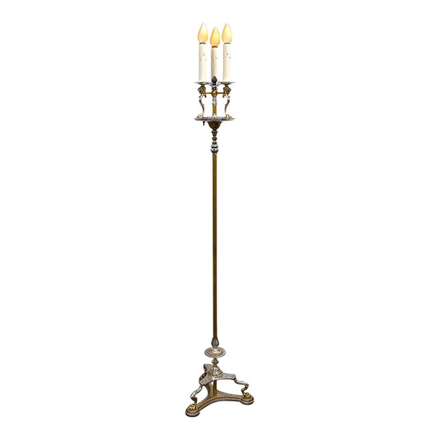 Early 20th Century Lion's Heads Candleabra Floor Lamp in Cast Brass With Silver Accents #2612 For Sale