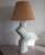Large postmodern American textured plaster zig zag lamp, with original hard pleat shade. Newly rewired with braided cord....