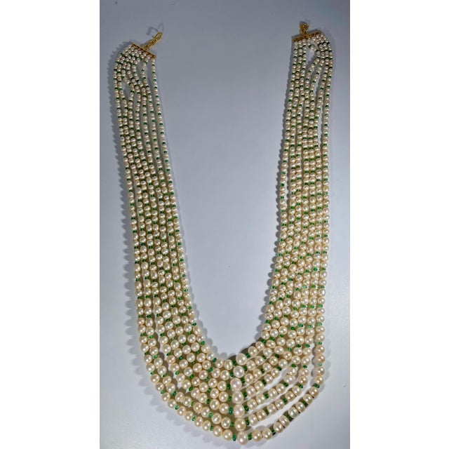 7Layer Fresh Water Pearl , Emerald Bead + 14K Spacer Clasp Opera Length Necklace For Sale In New York - Image 6 of 18