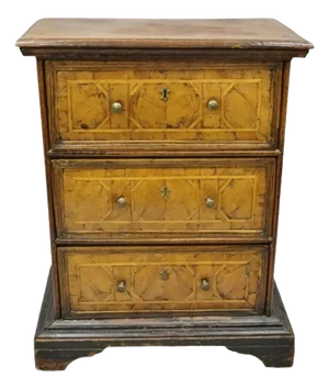 19th Century Italian Marquetry Inlay Walnut 3 Drawer Commode Chest Nightstand