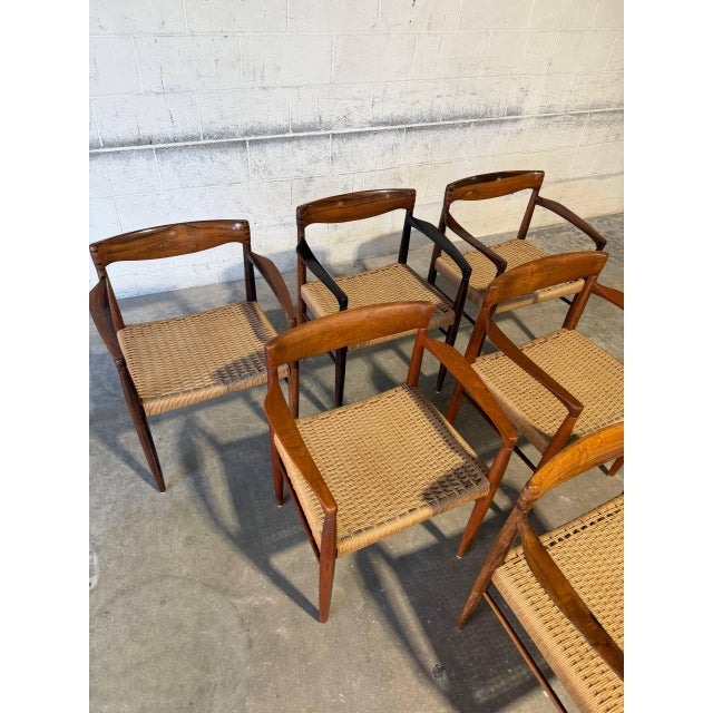 In Style of h.w. Klein for Bramin Teak and Rosewood Woven Cord Dining Armchairs Set of 6 Danish Mid-Century Modern 1960s For Sale In Los Angeles - Image 6 of 16