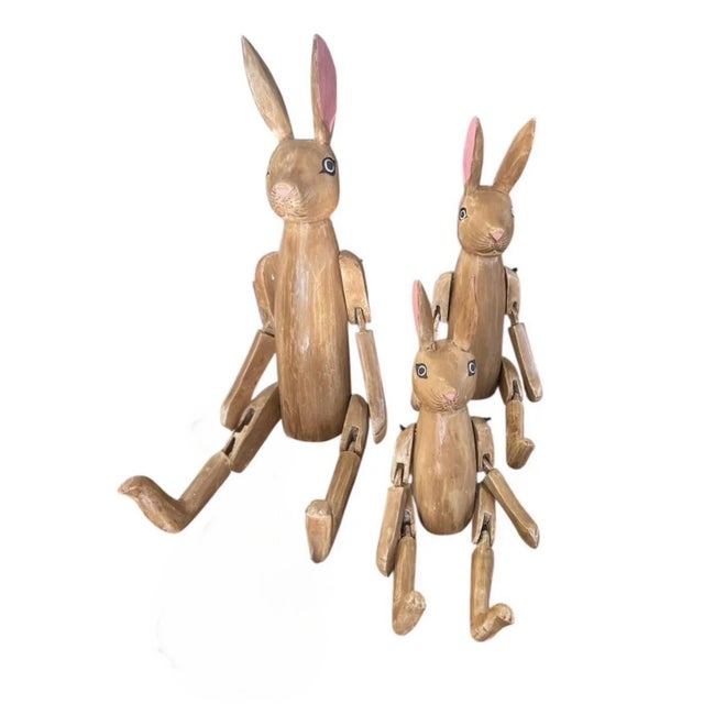 2000 - 2009 Vintage Hand-Carved Articulated Wooden Rabbit Family - Set of 3 For Sale - Image 5 of 5