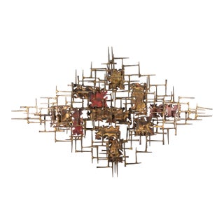 Vintage Large Marc Weinstein Brass & Iron Brutalist Hanging Wall Sculpture For Sale