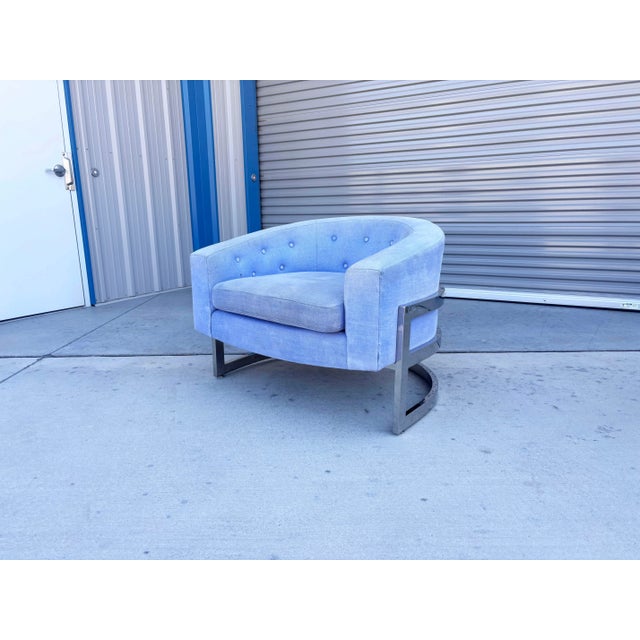 Blue 1970s Pair of Mid-Century Modern Chrome Barrel Chairs Styled After Milo Baughman For Sale - Image 8 of 12