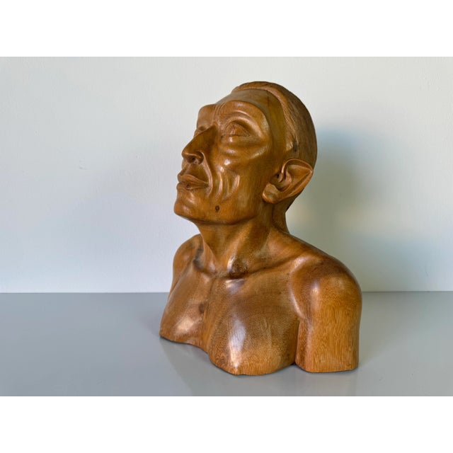 Brown Vintage Art Hand Carved Wood Man Bust - Head Sculpture/ Sold For Sale - Image 8 of 12