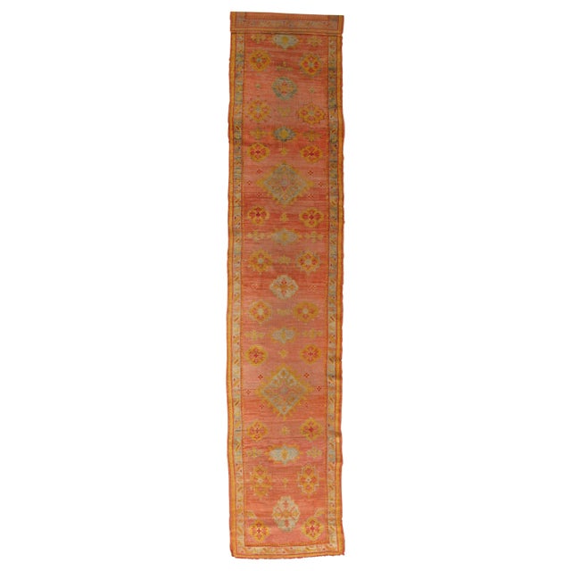 Antique Oushak Runner, Turkish Oriental Rug, Handmade Peach, Yellow, Light Blue For Sale - Image 15 of 15