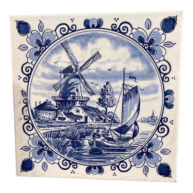 Vintage Dutch Delft Blue Ceramic Tile by Schoonhoven Keramiek, Holland - Windmill and Sailboat Scene. For Sale