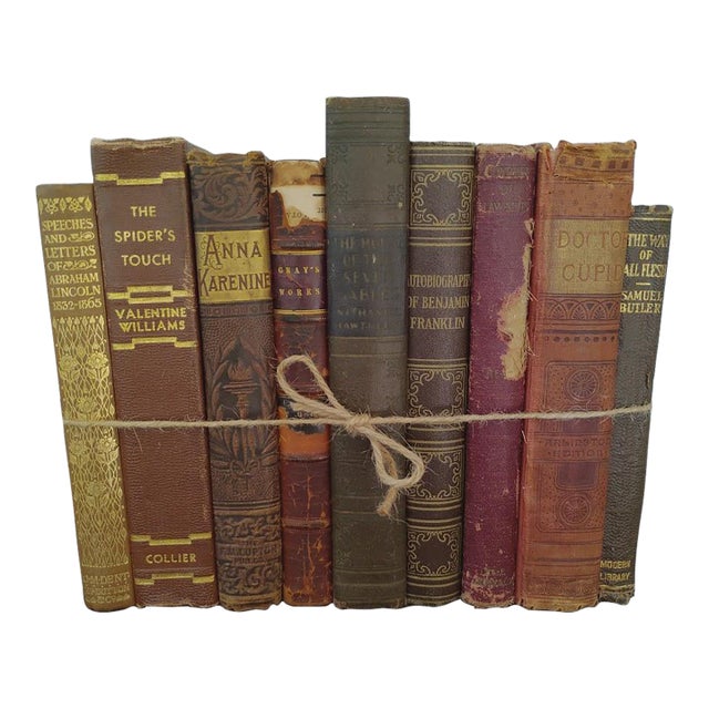 Antique Late 19th Century Distressed Brown & Gold Gilt Leatherbound Classic Novels & Memoirs, Samuel Butler, Thomas Gray, Benjamin Franklin,Set of 9 For Sale