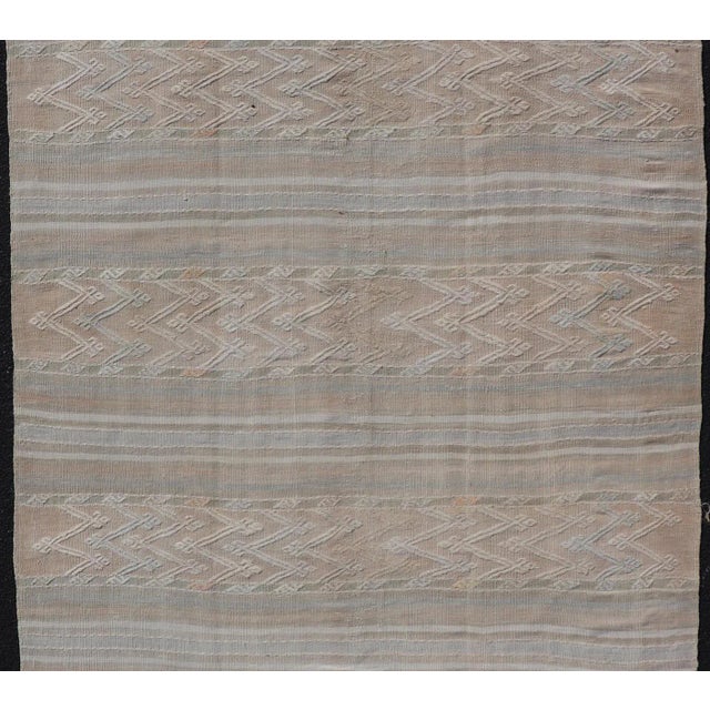 Textile Mid 20th Century Striped Hand Woven Turkish Flat-Weave Kilim in Muted Colors and Tribal Motifs For Sale - Image 7 of 10