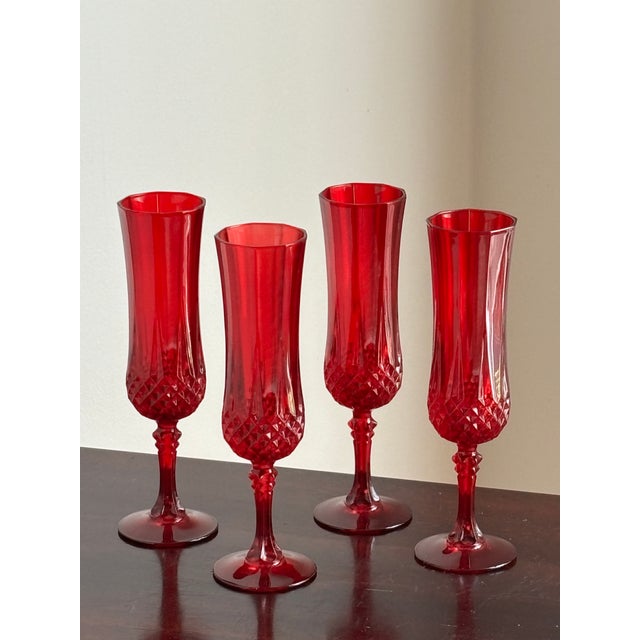 Cristal d' Arques French Cristal d'Arques Ruby Red Cut Crystal Champagne Flutes -- Set of 4 For Sale - Image 4 of 17