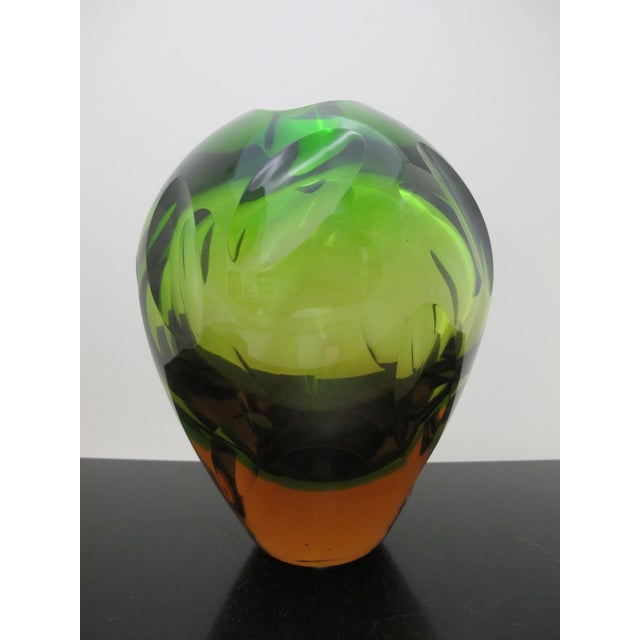 Vintage Wmf Mid Century Modern Green With Amber Underlay Art Glass Vase For Sale In Portland, OR - Image 6 of 7