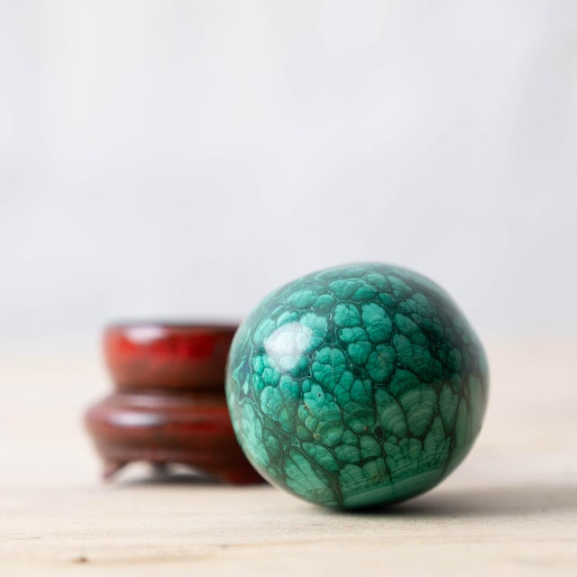 Gemstone Polished Malachite Egg on Wooden Stand, c.1980 For Sale - Image 7 of 7