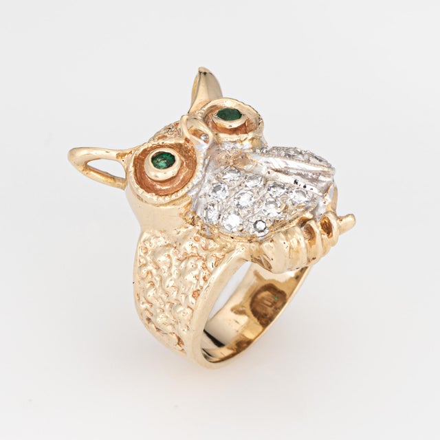 Modern 1970s Vintage Owl on Branch Ring 14k Yellow Gold Diamond Emerald Eyes Jewelry Size 6 For Sale - Image 3 of 7