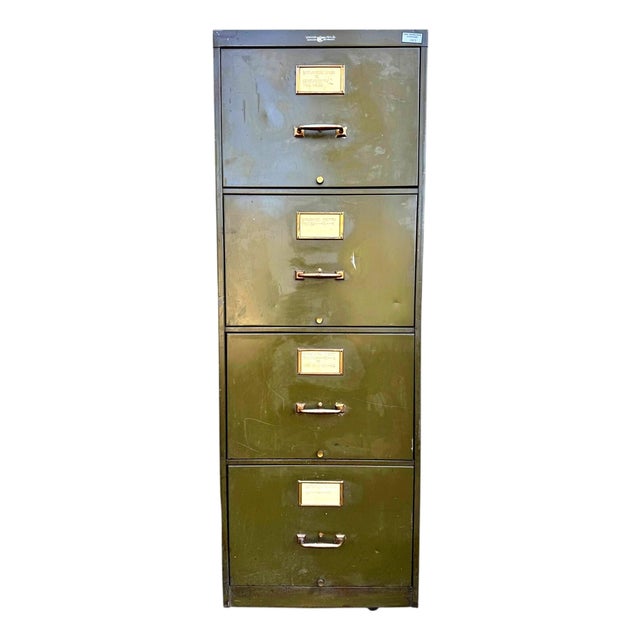 Early 20th Century Yawman & Erbe Industrial 5 Drawer Steel Filing Cabinet in Olive Green For Sale