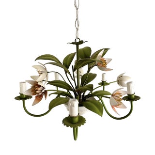 Vintage French Painted Tole 5-Light Water Lily Chandelier, 1960s For Sale