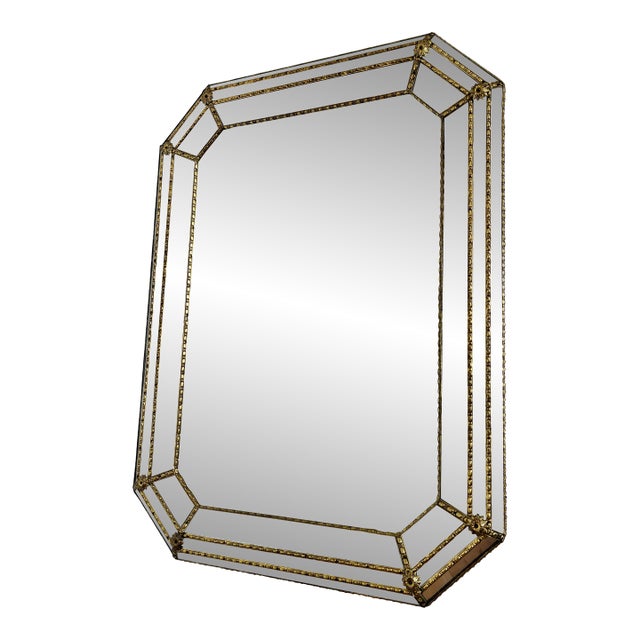 Vintage Spanish Venetian-Style Wall Mirror, Octagonal Brass, 1980s Hollywood Regency For Sale