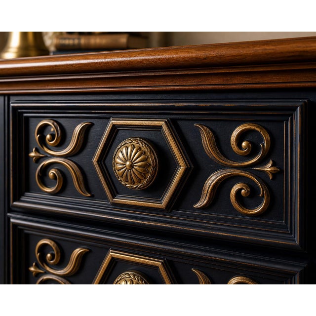 Vintage 1970s Drexel-Attributed Tallboy Dresser — Custom Midnight Blue & Gilded Finish, Dovetail Construction For Sale - Image 4 of 10
