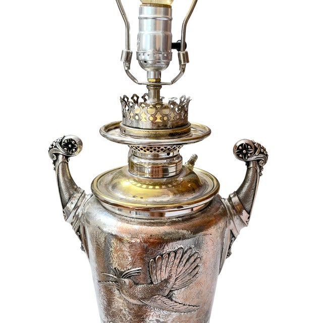 Late 19th Century Antique Late 19th Century Silver-Plated Oil Lamp Converted to Table Lamp With Bird & Floral Decoration, 23" For Sale - Image 5 of 14