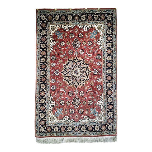 Vintage Persian Tabriz Area Rug, Hand-Knotted Wool & Silk, Floral Pattern, Pomegranate-Red & Navy, 3x5 For Sale