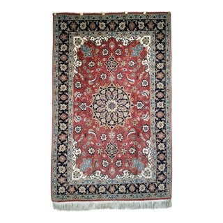 Vintage Tabriz Area Rug, Hand-Knotted Wool & Silk, Floral Pattern, Pomegranate-Red & Navy, 3x5 For Sale