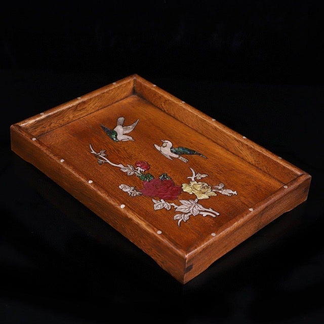 Huali Rosewood Tray Inlaid With Mother-of-Pearl Birds & Roses For Sale - Image 4 of 9
