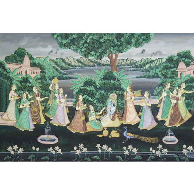 Green Monumental Indian Pichhwai Radha Krishna Gopis Painting Silk Garden Peacock 68" For Sale - Image 8 of 13