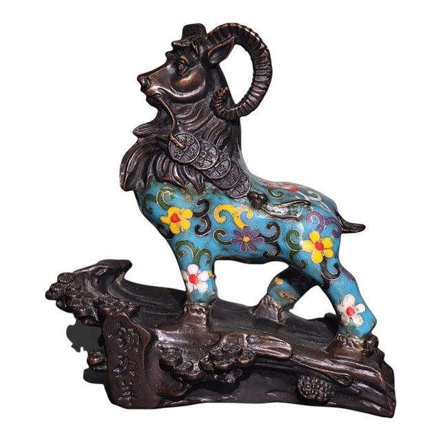Mid 20th Century Hand-Wired Cloisonne Copper Leader Goat Sculpture For Sale