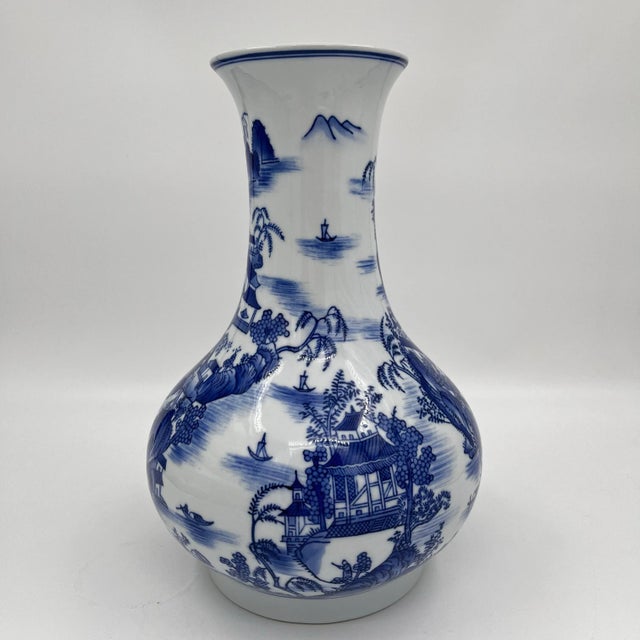 Vintage Bombay Company Blue and White Chinoiserie Pagoda Vase 12"h For Sale - Image 9 of 11
