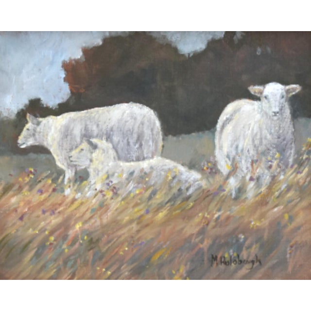 Farmhouse Sheep Lambs in Pasture Landscape Oil Painting Including the Antiqued Gold Wood Frame For Sale - Image 4 of 7