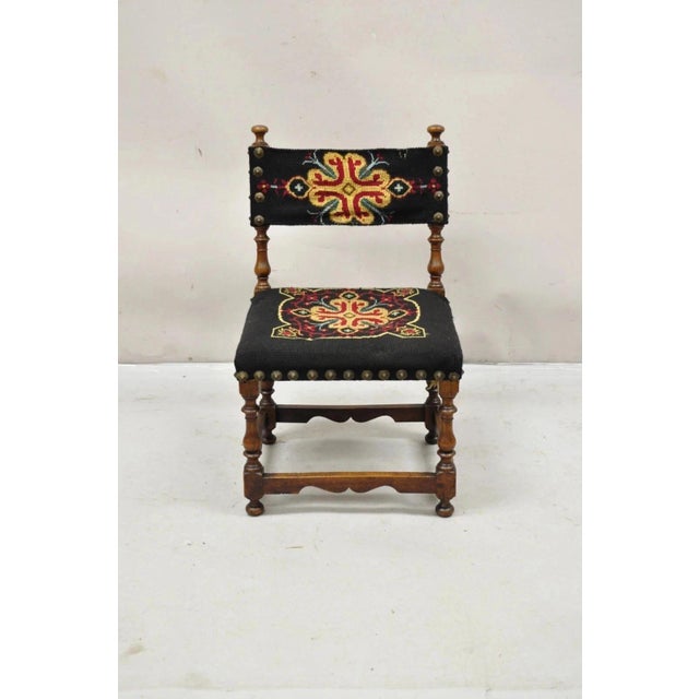 Antique Italian Renaissance Turn Carved Walnut Tapestry Small Childs Side Chair For Sale - Image 12 of 12
