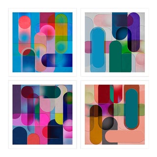 Abstract Art Prints 4 Piece "Oblong Shapes" Colourful Collectable Art by Angela Cameron For Sale