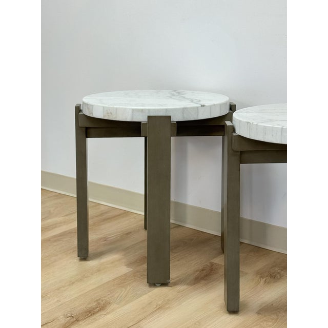 Beige Vintage Round End Tables Beige Marble Top Gray Metal Base Pair Modern Accent For Sale - Image 8 of 10
