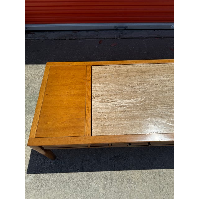 Mid 20th Century Vintage Drexel Walnut & Travertine Coffee Table For Sale - Image 5 of 12