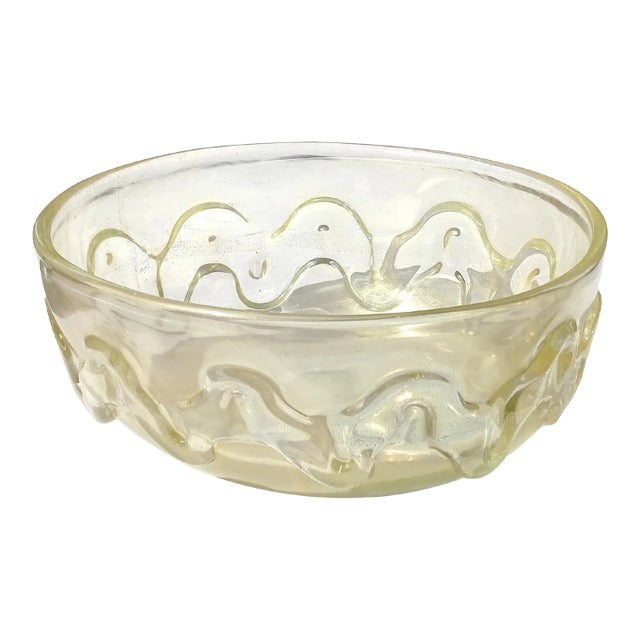 Vintage Murano Seguso Vetri d'Arte Flavio Poli Gold Flecks Iridescent Italian Art Glass Wave Design Bowl For Sale