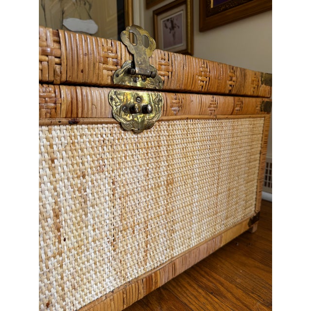 Vintage Asian Woven Rattan & Bamboo Blanket Chest With Brass Hardware For Sale - Image 11 of 12