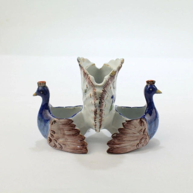 Antique Figural French Faience Pottery Peacocks Double Salt Cellar For Sale - Image 4 of 13