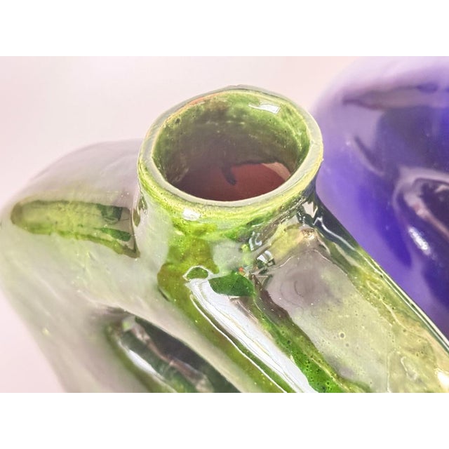 Vase in Enameled Ceramic Green, Blue and White, Italy, 1970s, Set of 3 For Sale - Image 4 of 12