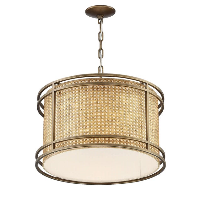 Transitional Tailor Single-Light Cane and Brass Drum Pendant Chandelier For Sale - Image 3 of 8