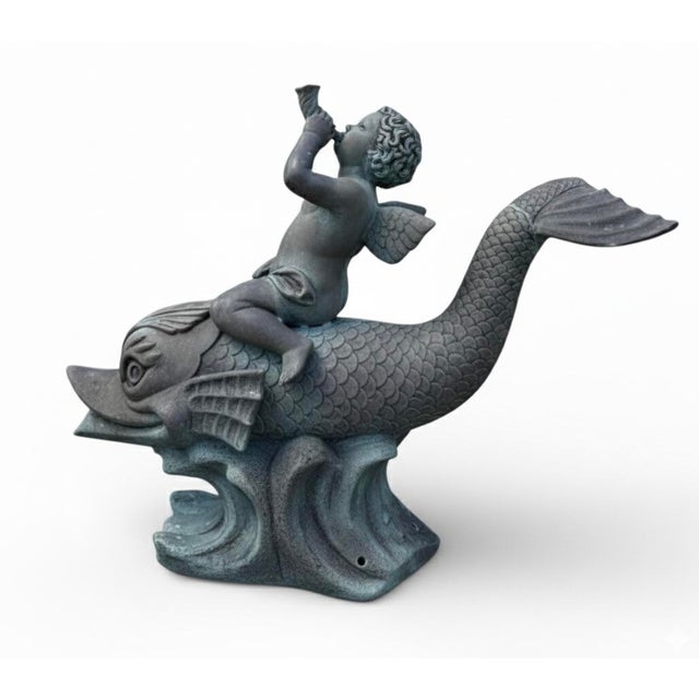 1970s Large Classical Verdigris Bronze Cherub & Dolphin Fountain For Sale - Image 4 of 7