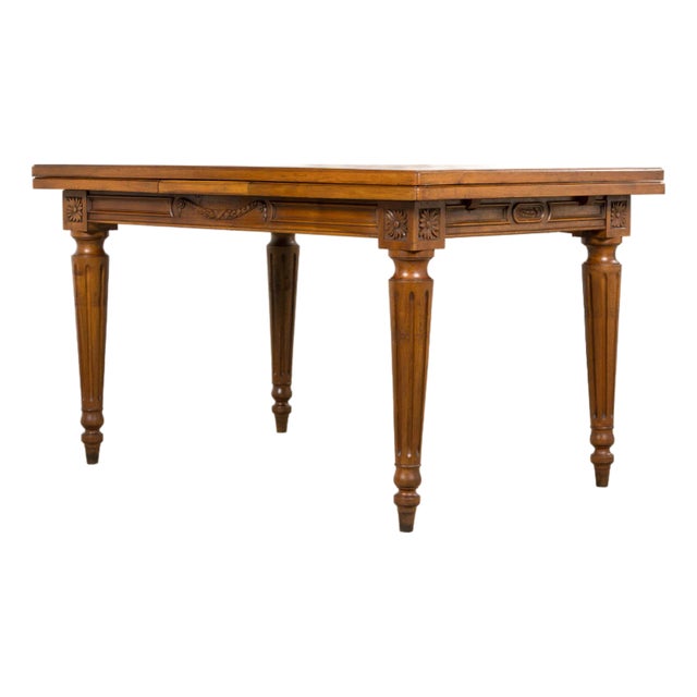 French Louis XVI Style Walnut Extendable Dining Table With Parquetry Top, Provence For Sale